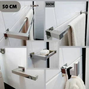 Kit Acessórios Toalheiro Duplo 50cm Inox 304 - 5 Peças Inox Polido