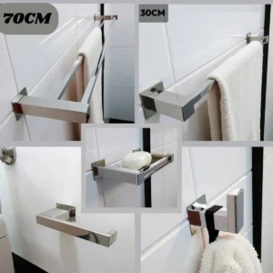 Kit Acessórios Toalheiro Duplo 70cm Inox 304 - 5 Peças Inox Polido